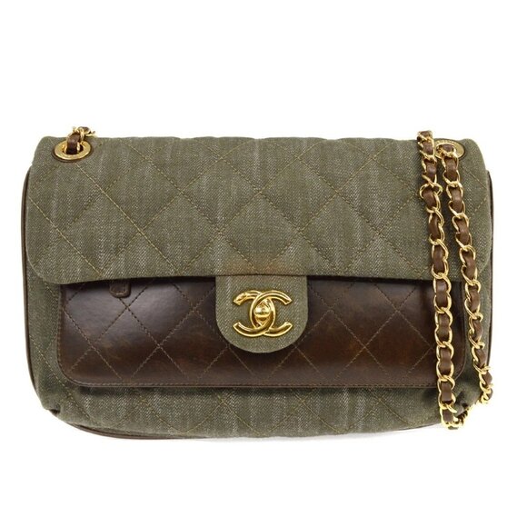 Chanel Gray Brown Denim Calfskin Single Flap Shoulder Bag - Picture 1 of 7